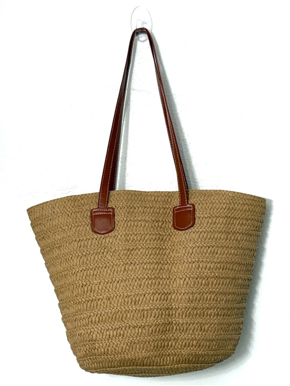 Woven Straw Tote with Brown Leather Straps - Picture 1 of 6